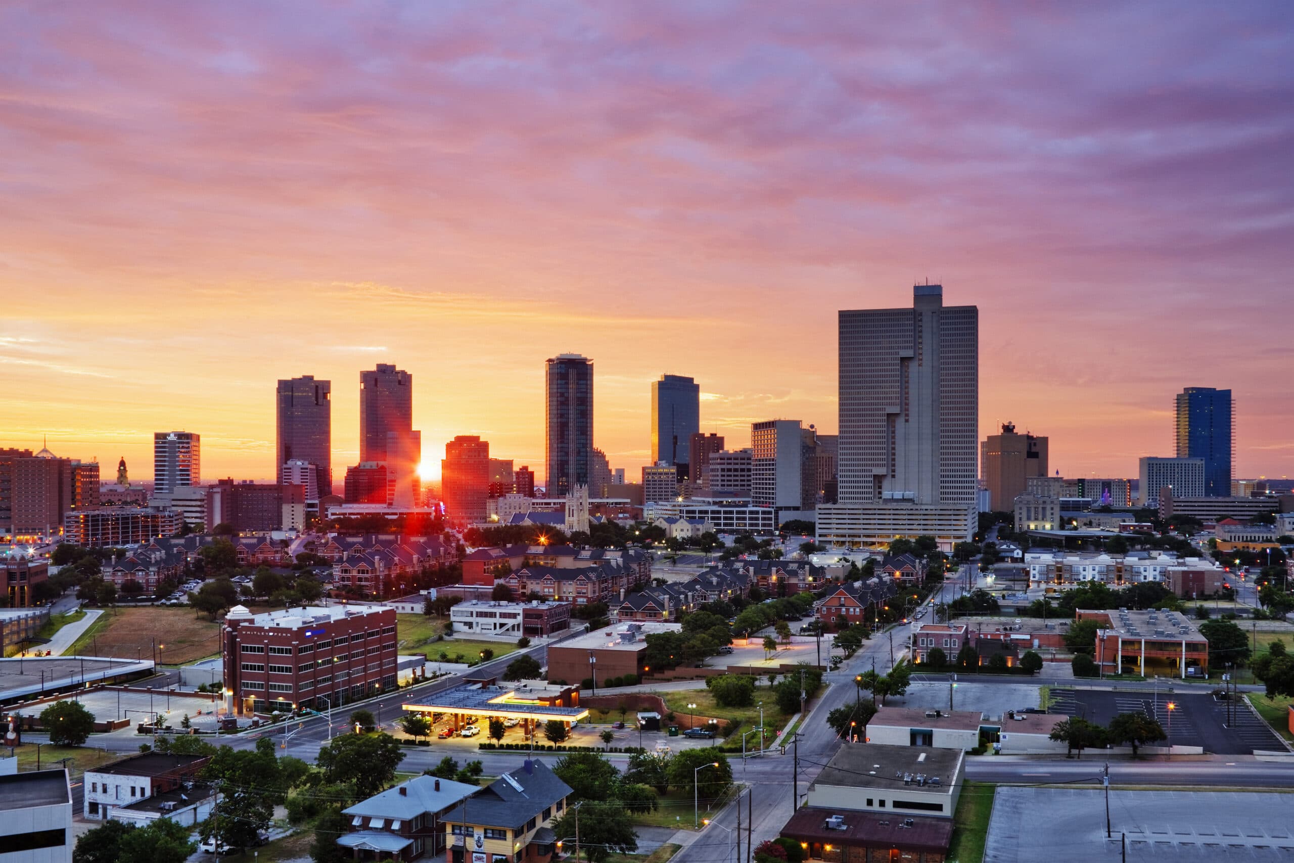Texas, Fort Worth skyline at sunrise.
